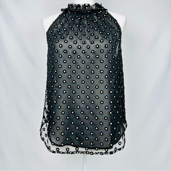 LOFT Metallic Gold Clip Dot Polka Dot Black Ruffle Yoke  Sleeveless Blouse XS - Picture 3 of 9